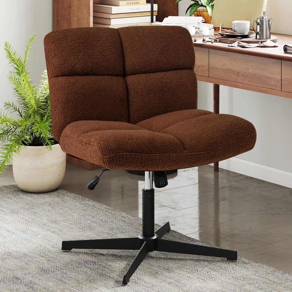 Cross Legged Office Chair Modern Faux Lamb Fleece Vanity Chair for Home Office