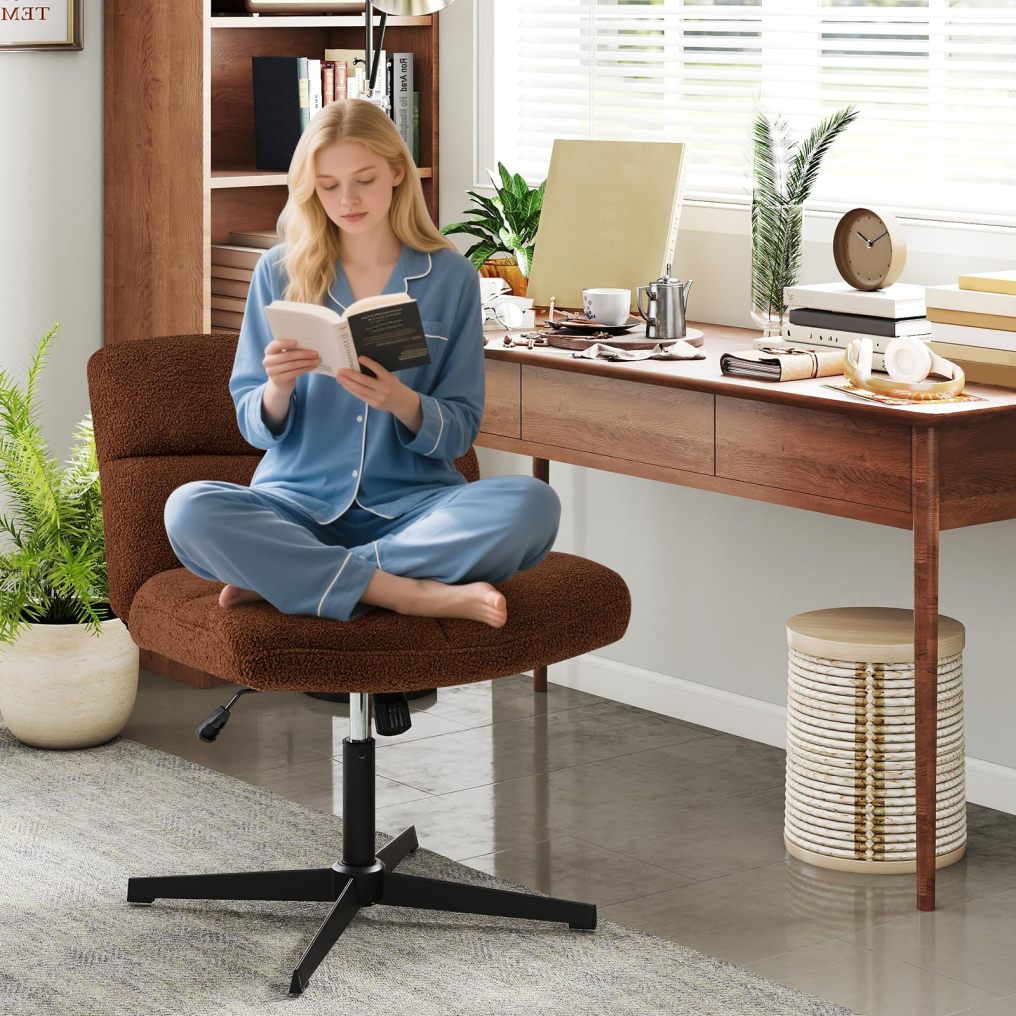 Cross Legged Office Chair Modern Faux Lamb Fleece Vanity Chair for Home Office