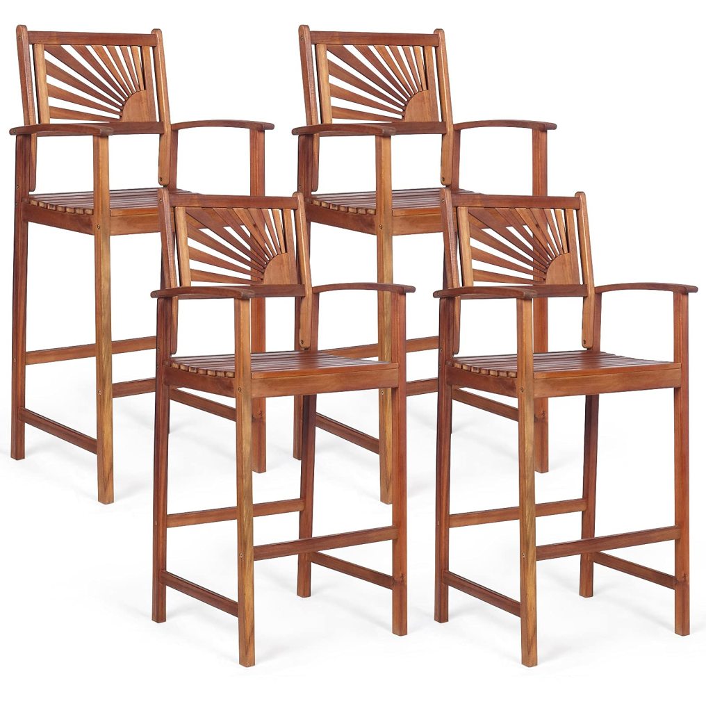 Patio Bar Stools Set Outdoor Acacia Wood Bar Chairs with Sunflower Backrest
