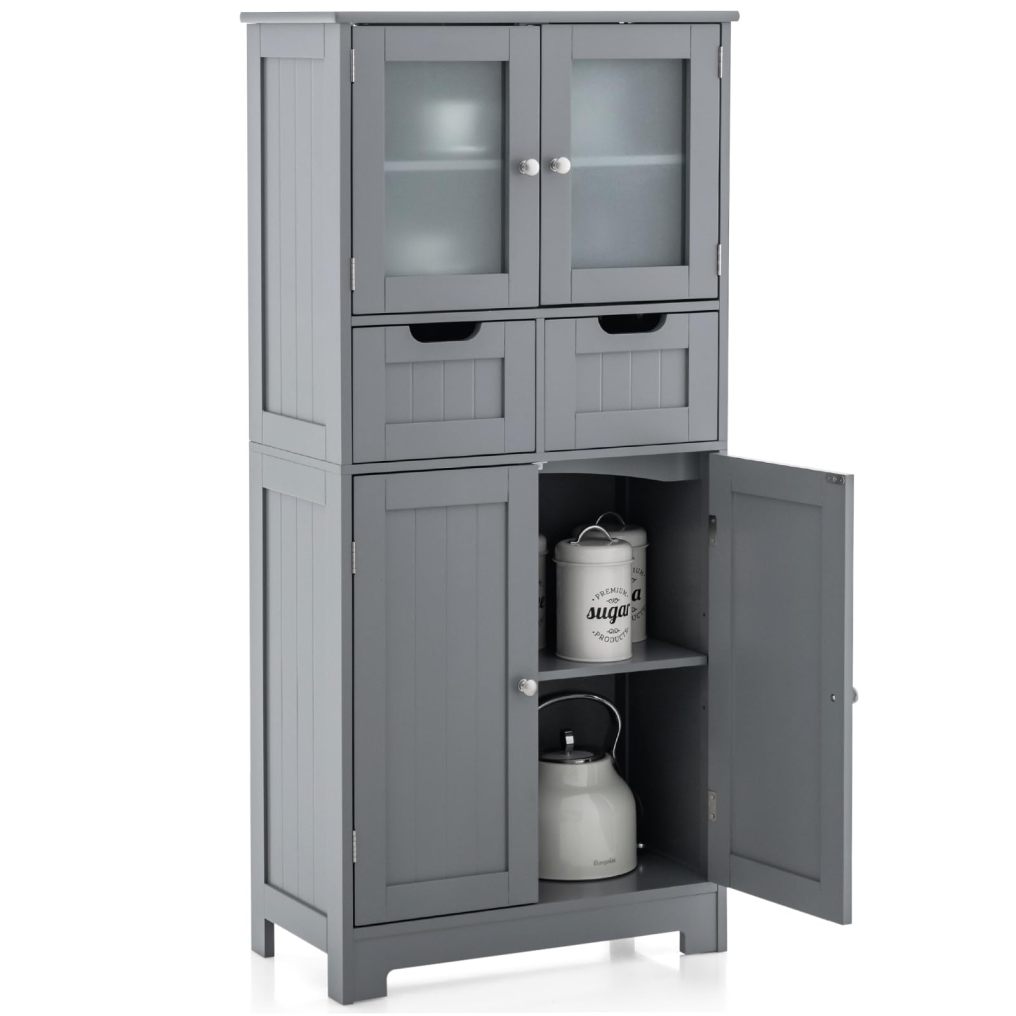 Bathroom Storage Cabinet with Glass Doors 2 Drawers and 2 Adjustable Shelves