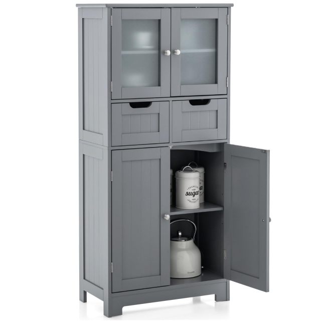 Bathroom Storage Cabinet with Glass Doors 2 Drawers and 2 Adjustable Shelves
