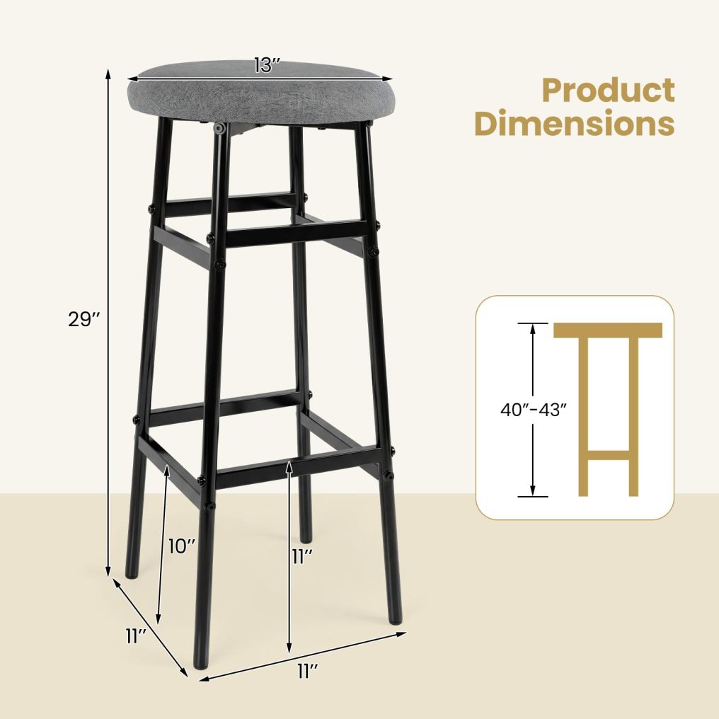 29-inch Metal Round Bar Stools Set of 2/4 Upholstered Backless with Linen Seat