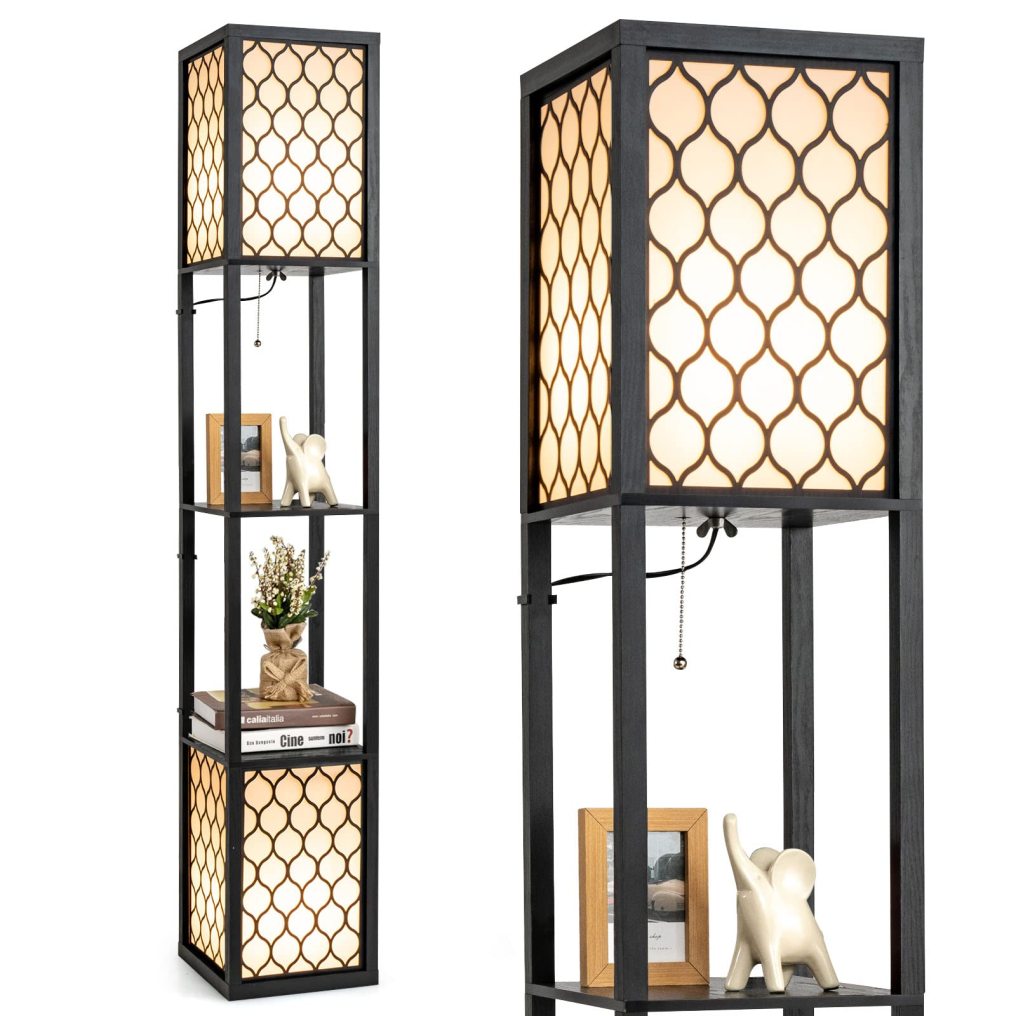 Modern Shelf Floor Lamp, Freestanding Double Lamp w/ 2-Tier Wood Shelf & White Lampshade