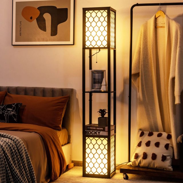 Modern Shelf Floor Lamp, Freestanding Double Lamp w/ 2-Tier Wood Shelf & White Lampshade