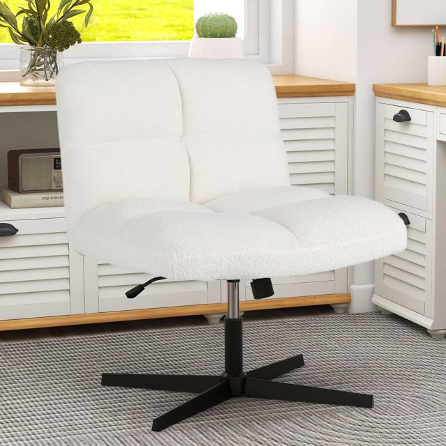 Cross Legged Office Chair Modern Faux Lamb Fleece Vanity Chair for Home Office