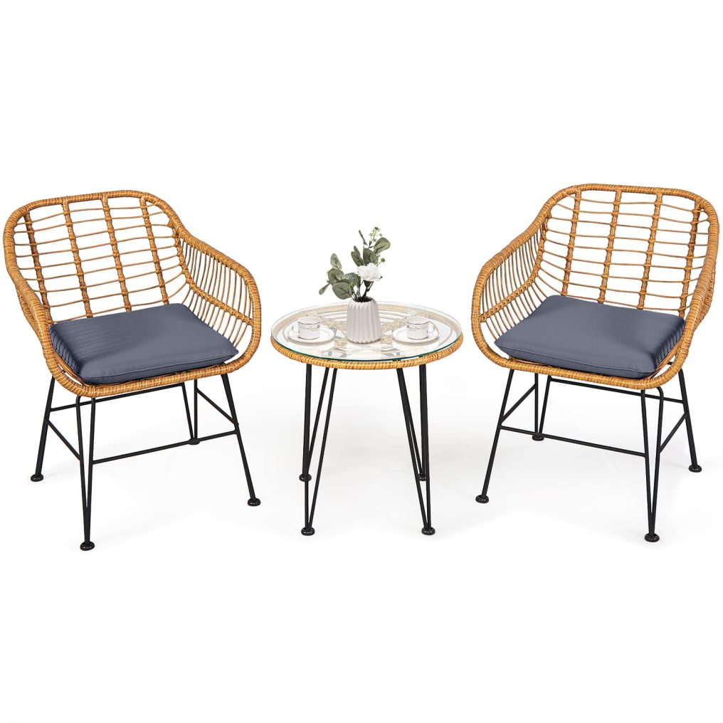 3-Piece Rattan Patio Bistro Set with 2 Cushioned Armchairs & Coffee Table