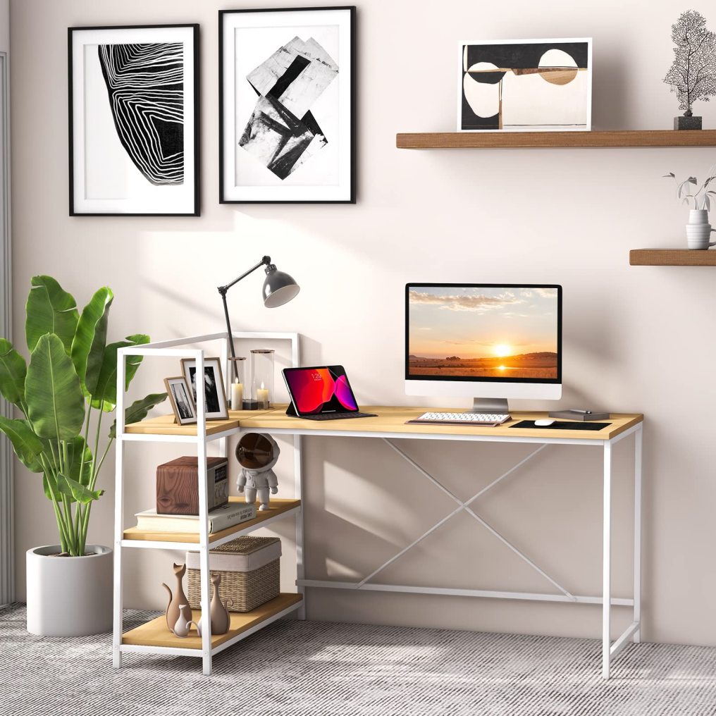 59 Inch L-Shaped Computer Desk with Open Storage Shelves