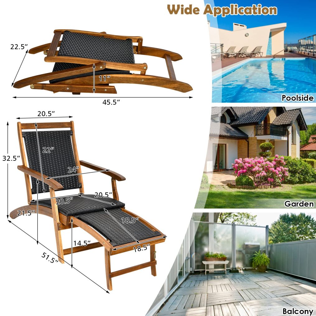 Patio Folding Rattan Lounge Chair with Convenient Retractable Footrest