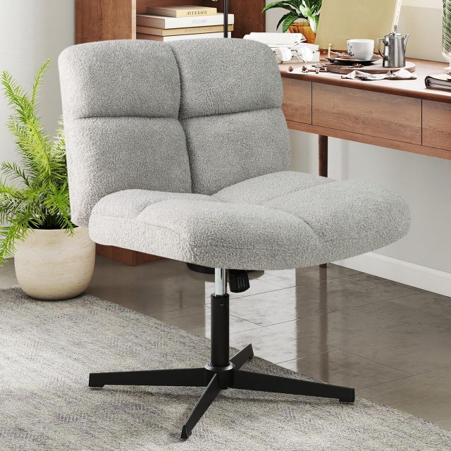 Cross Legged Office Chair Modern Faux Lamb Fleece Vanity Chair for Home Office