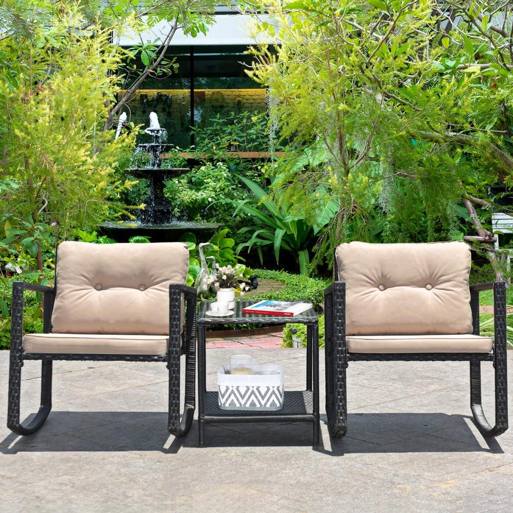 3 Pieces Patio Rattan Rocking Chair Set Outdoor Conversation Furniture Sets with Coffee Table
