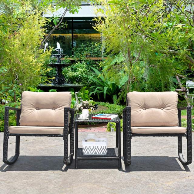 3 Pieces Patio Rattan Rocking Chair Set Outdoor Conversation Furniture Sets with Coffee Table