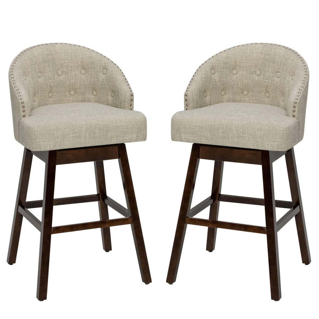 31" Bar Stools Set of 2 Swivel Bar Stools with Rubber Wood Legs & Padded Back