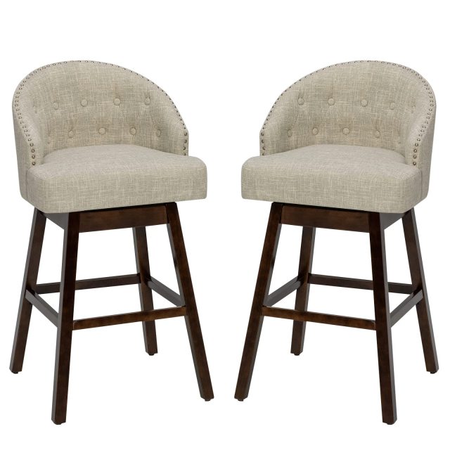 31" Bar Stools Set of 2 Swivel Bar Stools with Rubber Wood Legs & Padded Back