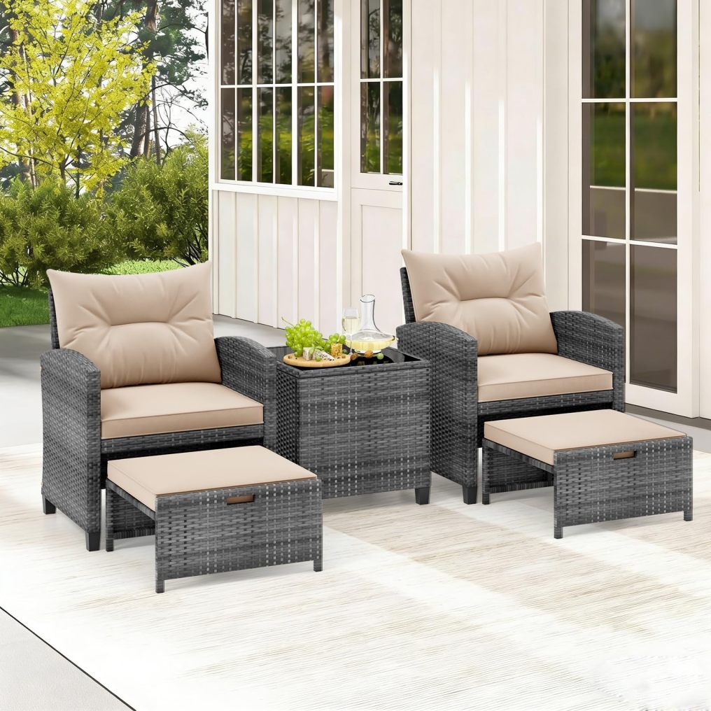 5-Piece Rattan Conversation Set with Tempered Glass Coffee Table & Ottomans