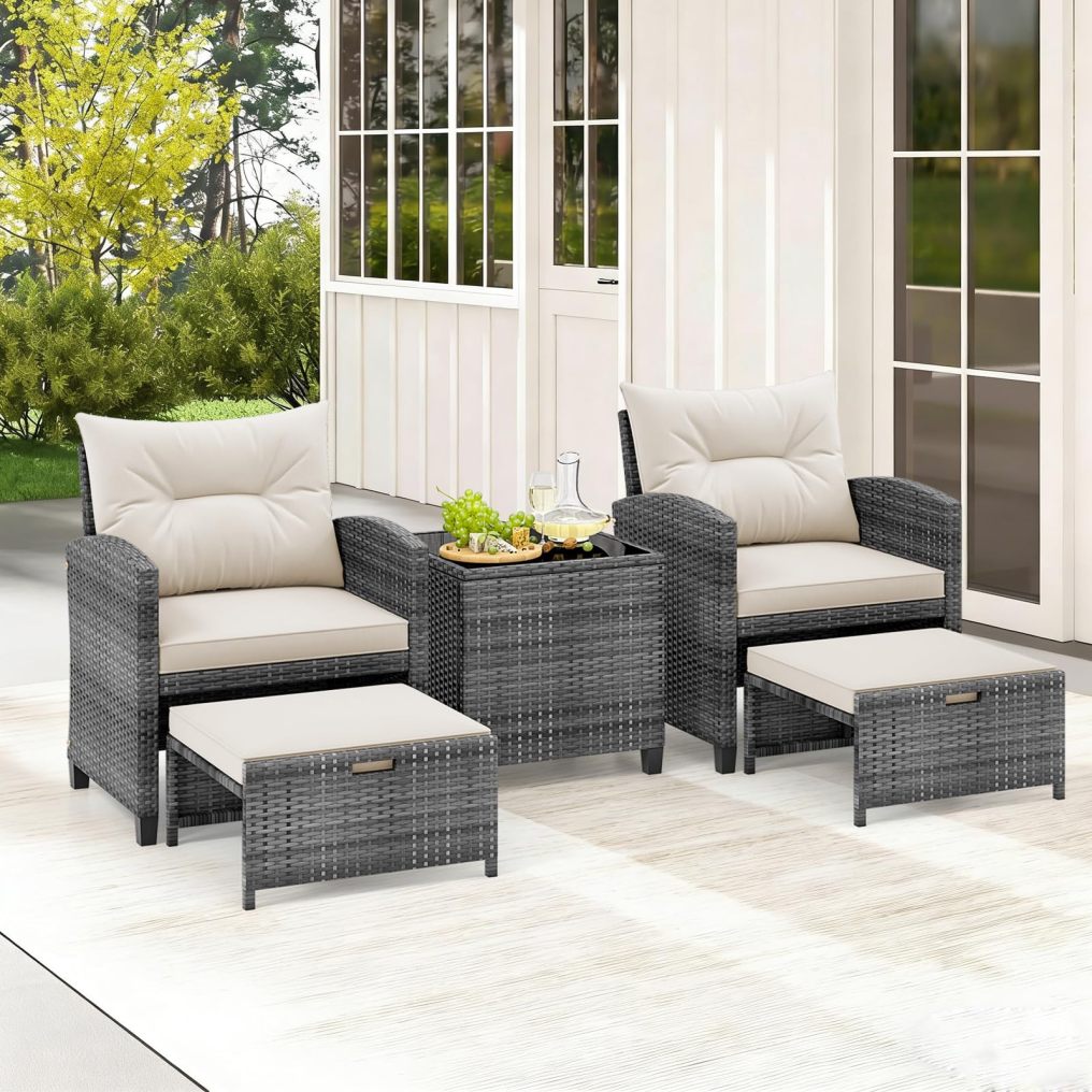 5-Piece Rattan Conversation Set with Tempered Glass Coffee Table & Ottomans
