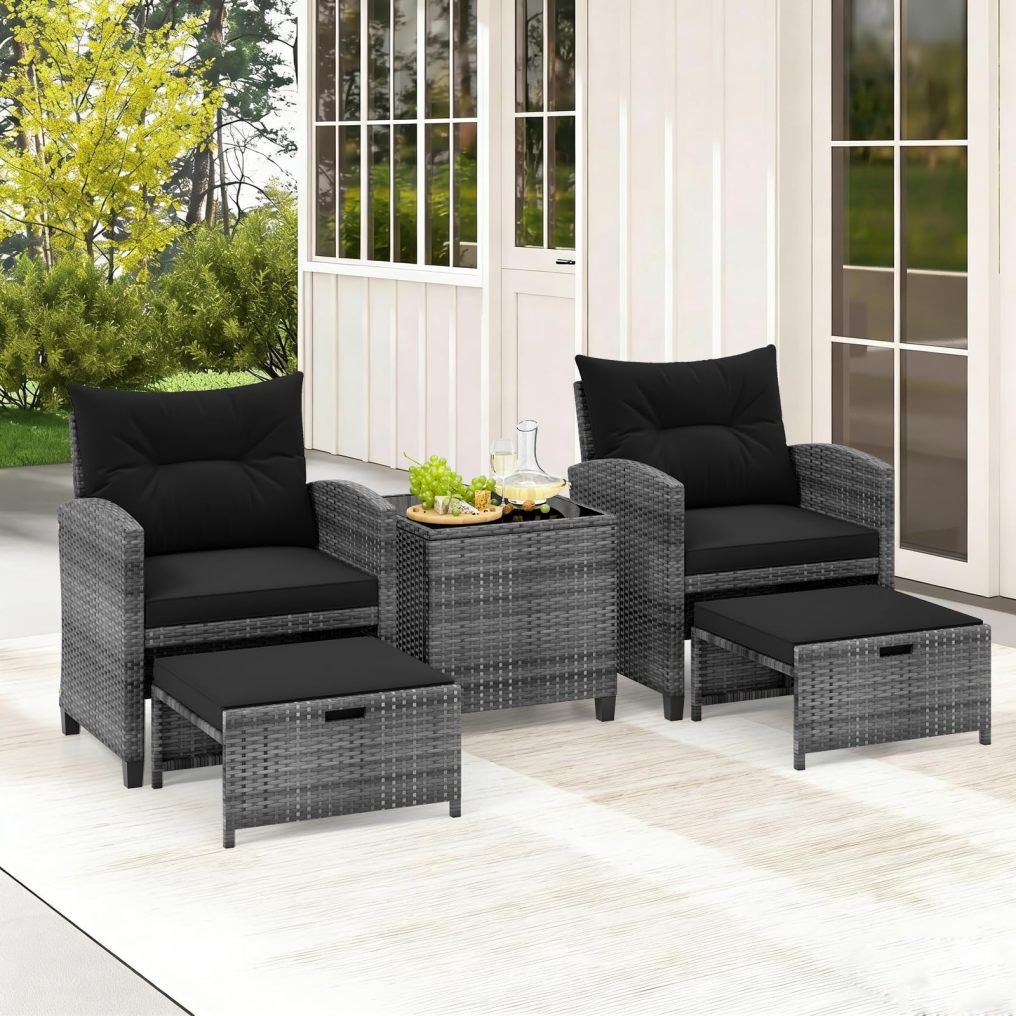 5-Piece Rattan Conversation Set with Tempered Glass Coffee Table & Ottomans