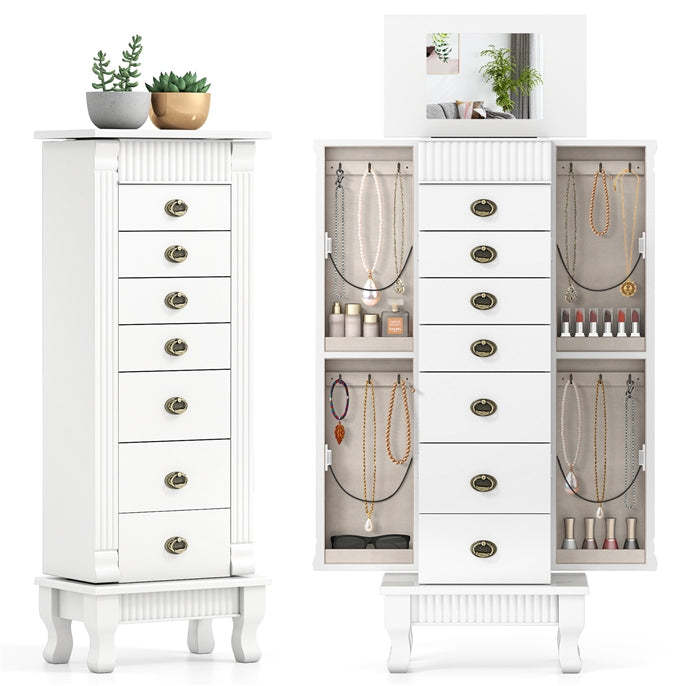 Standing Jewelry Cabinet with 7 Drawers Flip-Top Mirror & 2 Side Doors