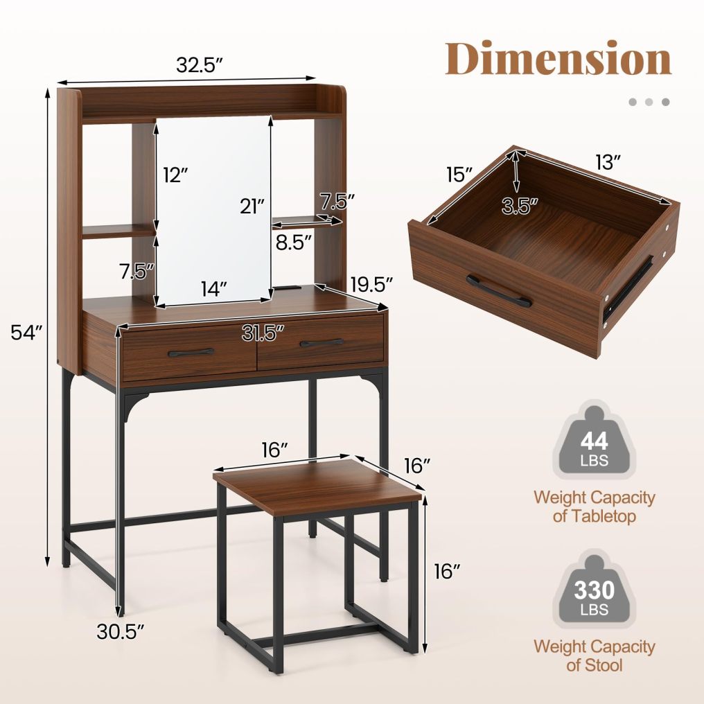 Industrial Vanity Desk with Mirror and Stool for Women Teens Girls