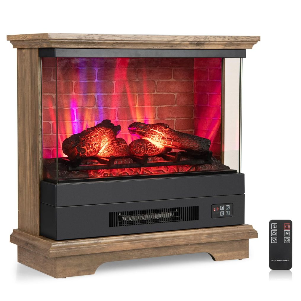 Electric Fireplace with 3-Sided Glass 27-inch Wide, 1400W Freestanding Fireplace Heater with Remote Control