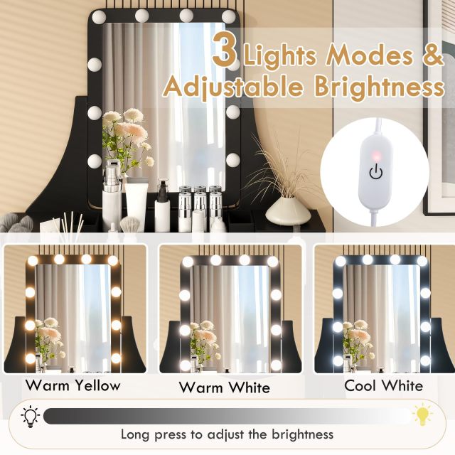 Vanity Desk with Lights Makeup Table with 3 Modes Adjustable Lighted LED Mirror & Cushioned Stool