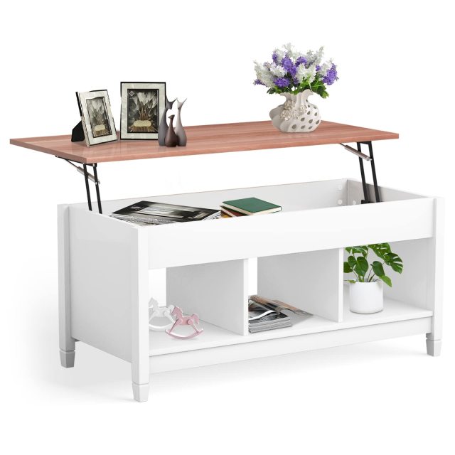 Lift Top Coffee Table with Hidden Storage Compartment & 3 Open Shelves