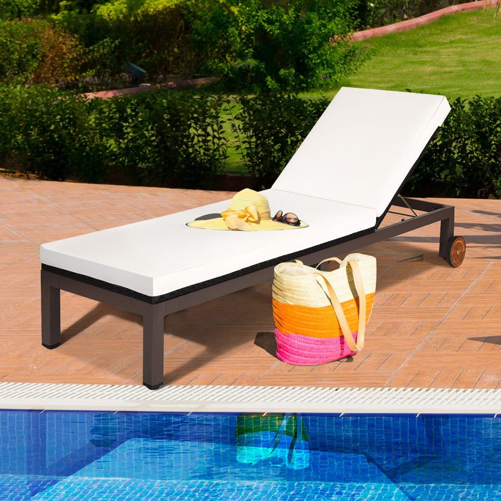 Patio Rattan Lounge Chair Chaise Recliner Back Adjustable Cushioned with Wheels