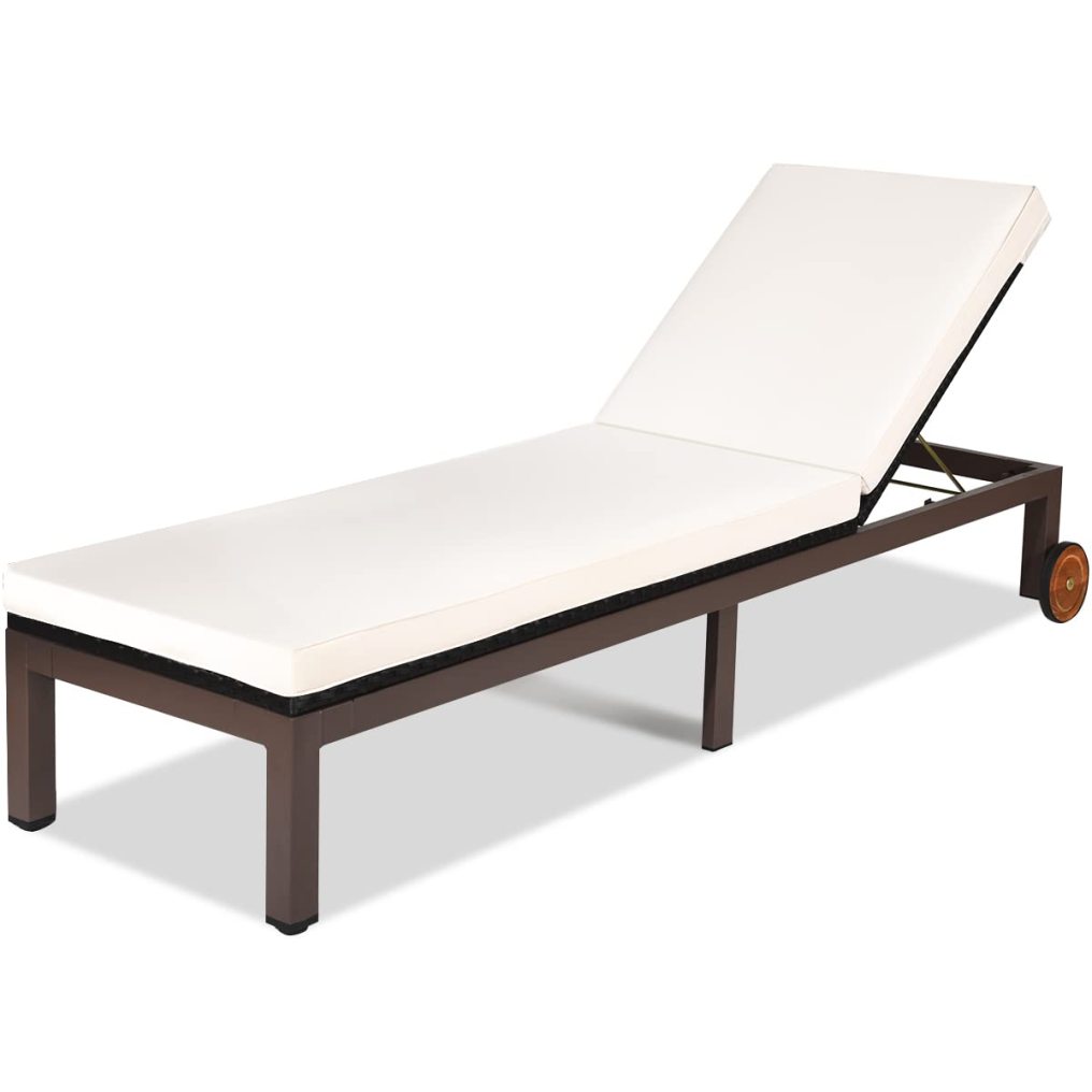 Patio Rattan Lounge Chair Chaise Recliner Back Adjustable Cushioned with Wheels