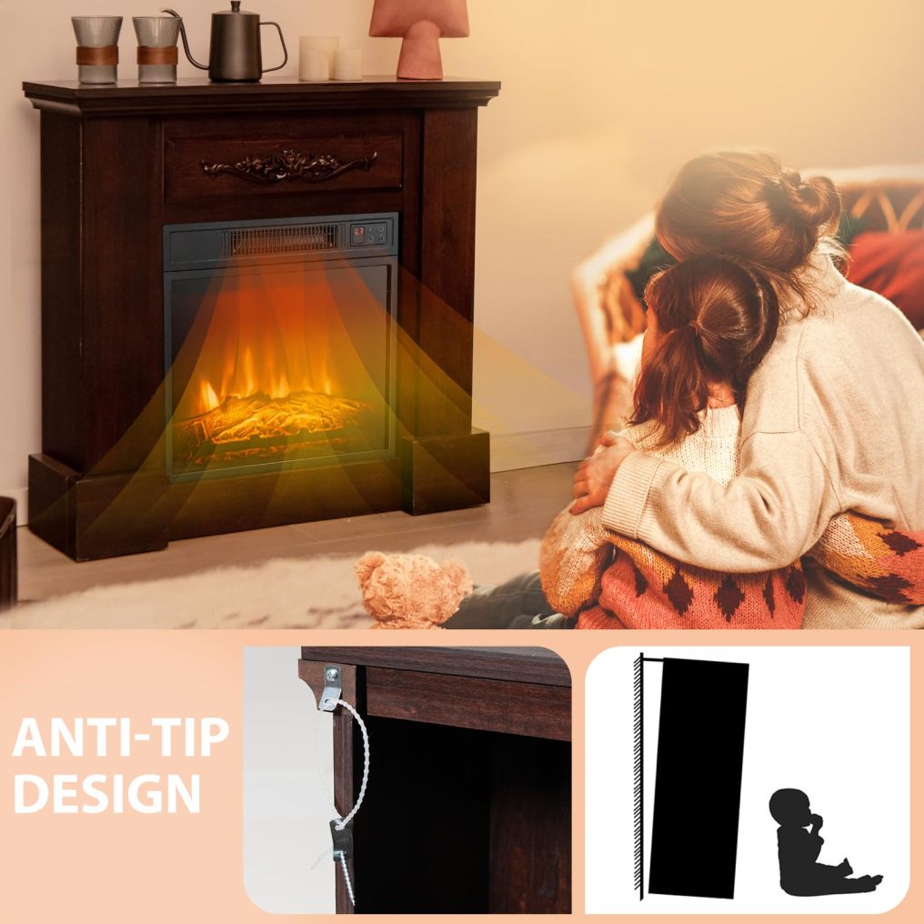 32-inch Electric Fireplace with Mantel, 1400W Freestanding Fireplace Heater with Remote Control
