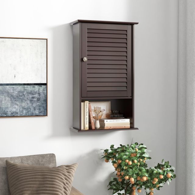 Bathroom Wall Cabinet Large Capacity Storage Cupboard Cabinet w/Single Louver Door & Height Adjustable Shelf