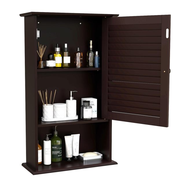 Bathroom Wall Cabinet Large Capacity Storage Cupboard Cabinet w/Single Louver Door & Height Adjustable Shelf