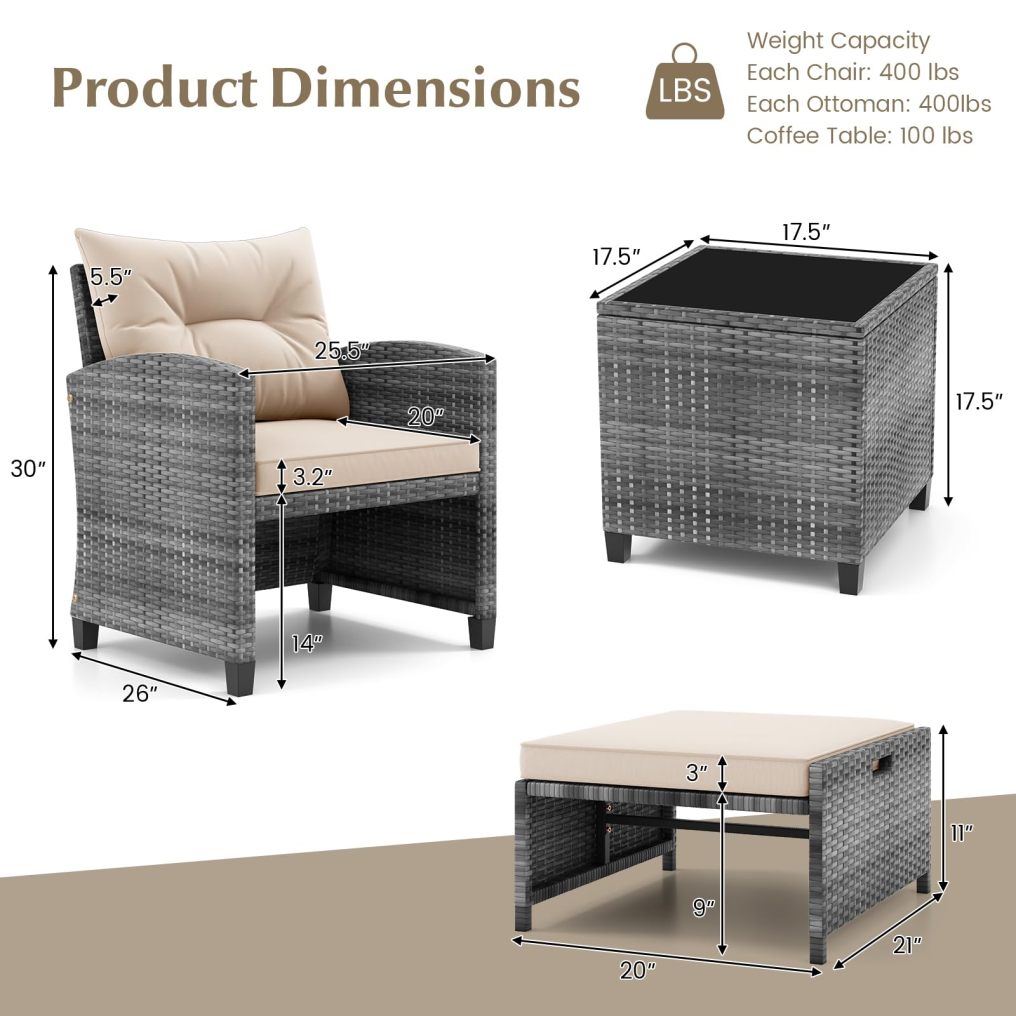 5-Piece Rattan Conversation Set with Tempered Glass Coffee Table & Ottomans