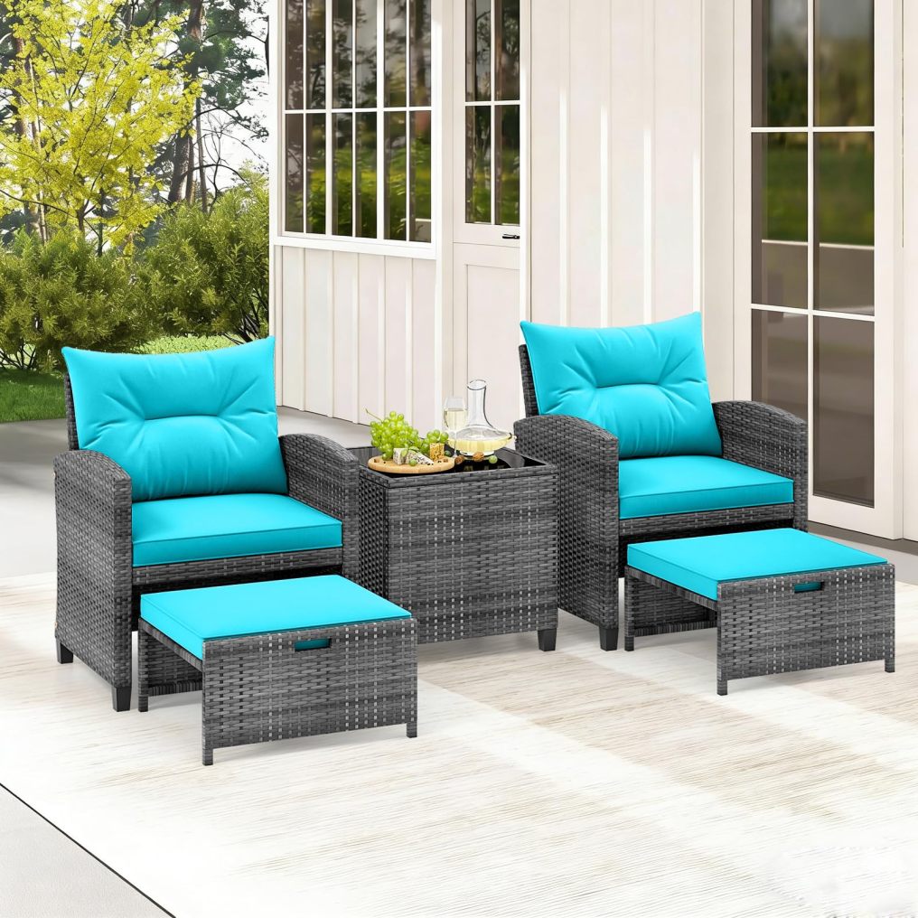 5-Piece Rattan Conversation Set with Tempered Glass Coffee Table & Ottomans
