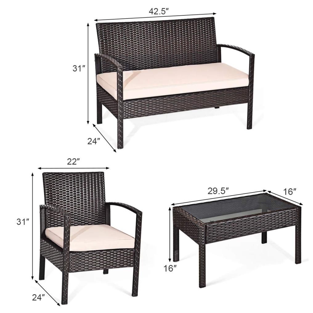 4 Pieces Patio Rattan Conversation Furniture Set with Glass Tabletop