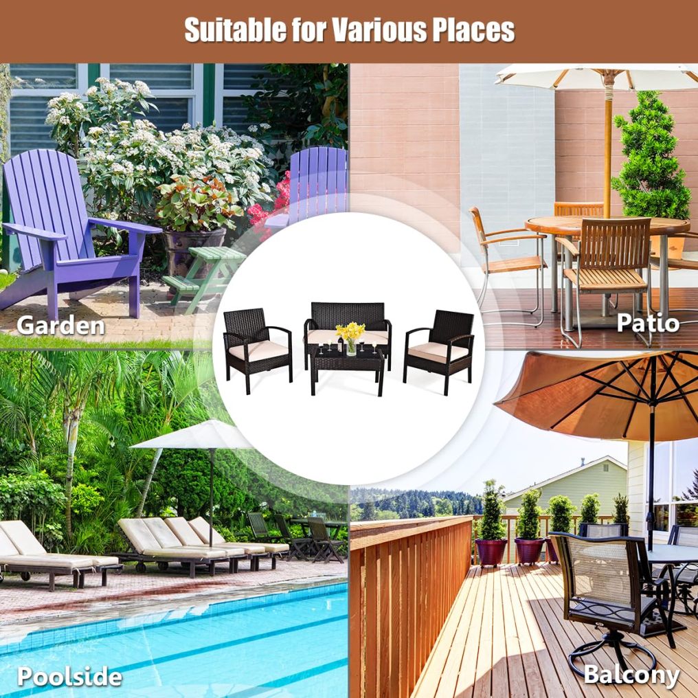 4 Pieces Patio Rattan Conversation Furniture Set with Glass Tabletop