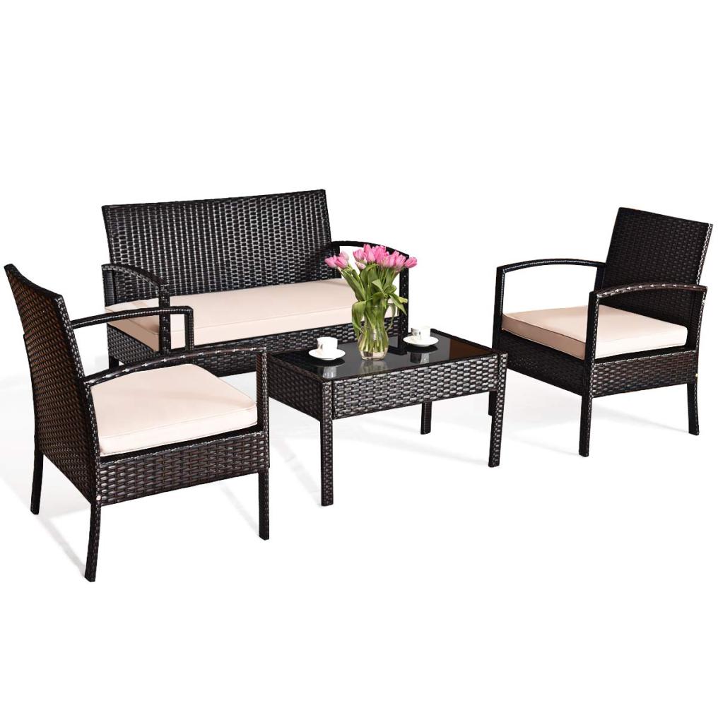 4 Pieces Patio Rattan Conversation Furniture Set with Glass Tabletop