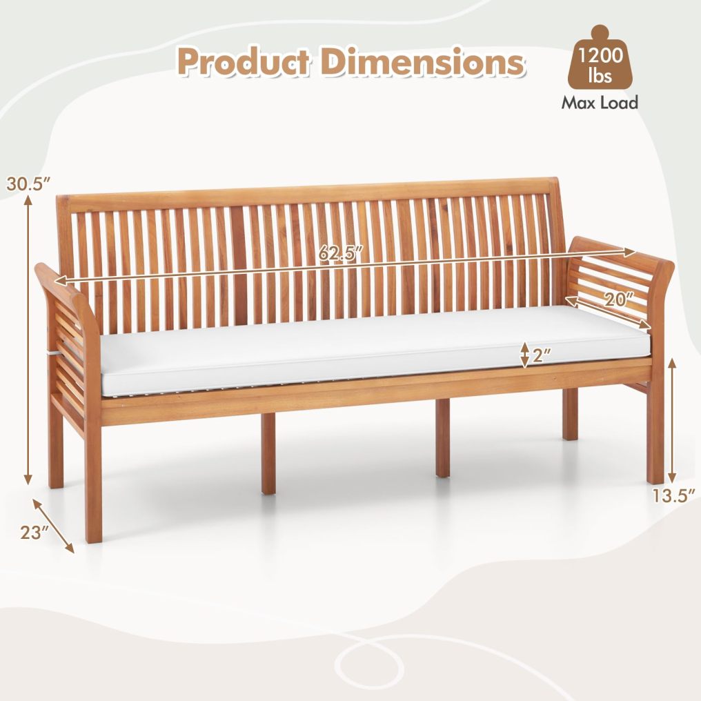 23”x 62.5”x30.5” Wooden Outdoor Bench with White Cushion