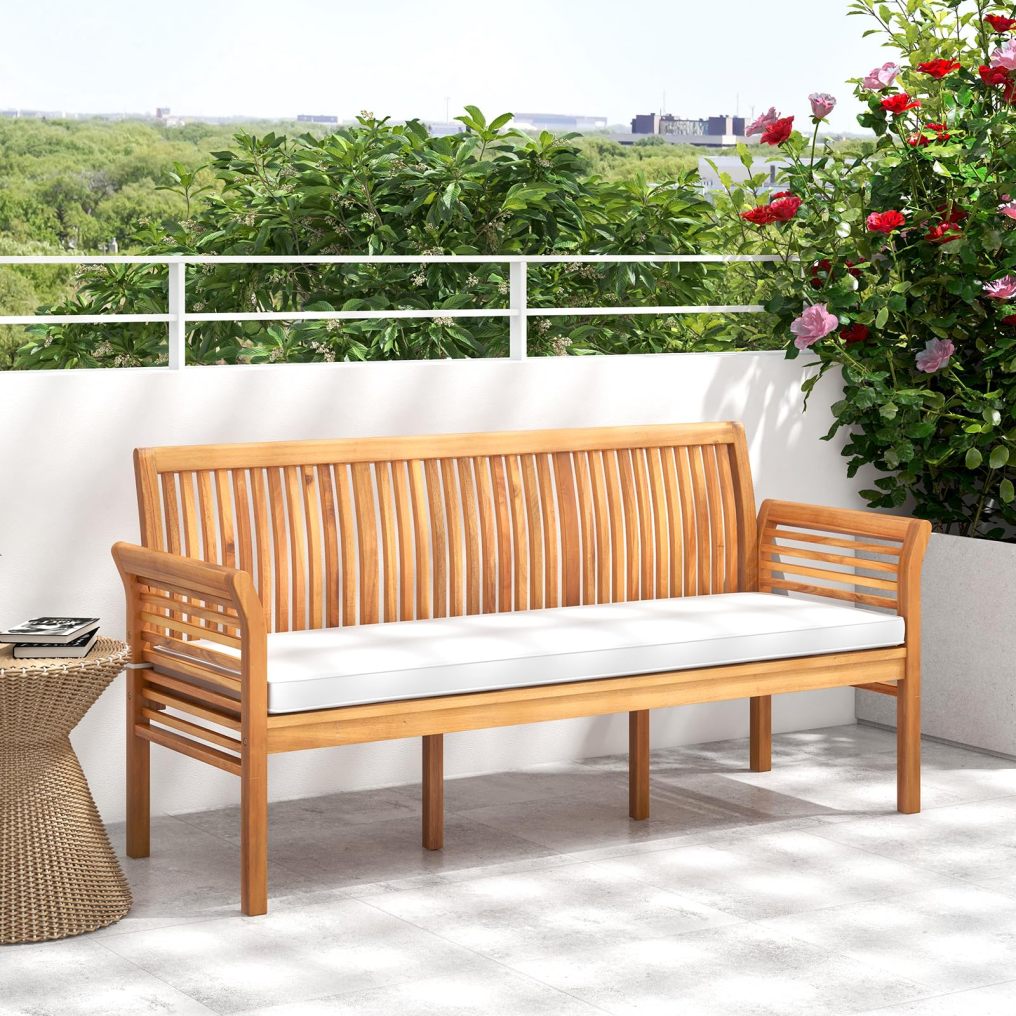 23”x 62.5”x30.5” Wooden Outdoor Bench with White Cushion