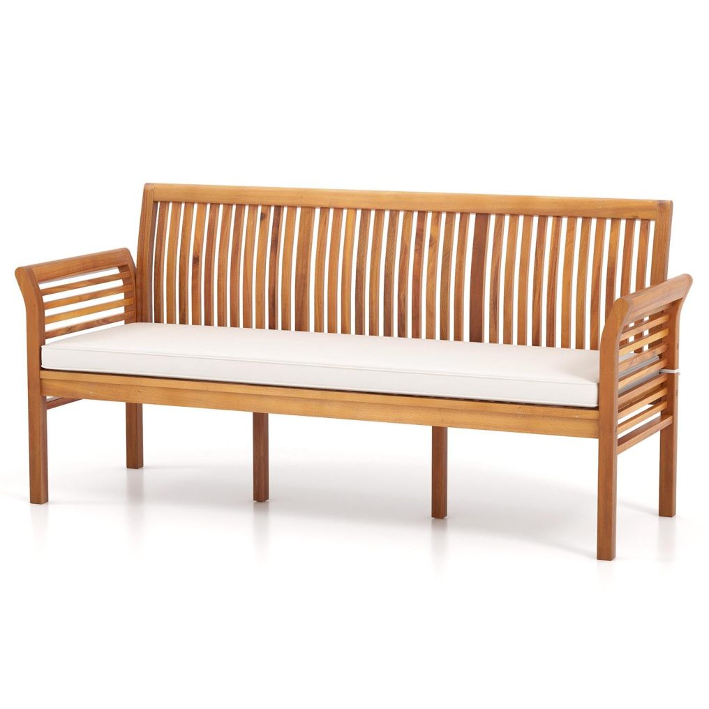 23”x 62.5”x30.5” Wooden Outdoor Bench with White Cushion