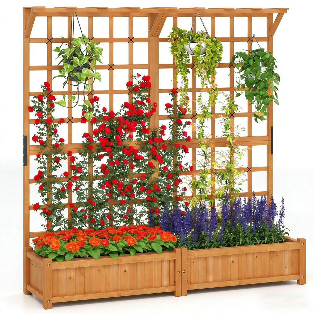 71” Large Wooden Raised Garden Bed with Trellis(71"Lx19"Wx72"H)