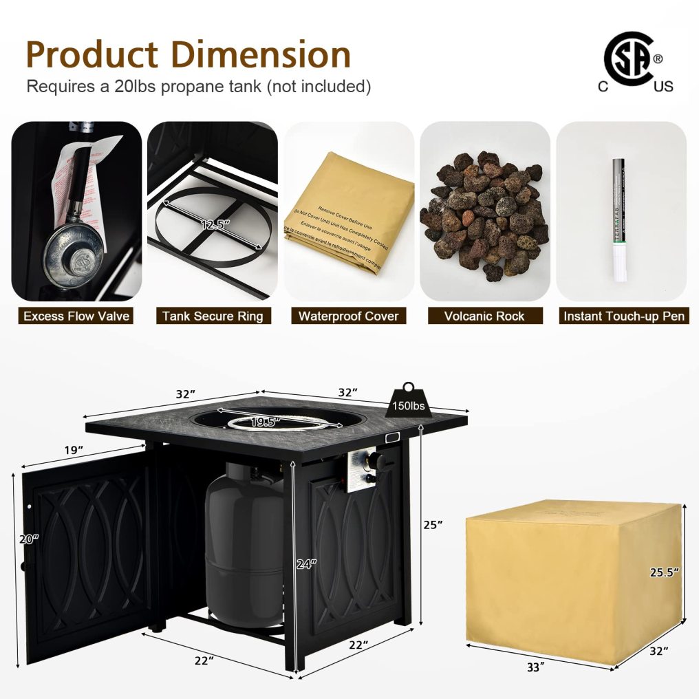 50,000 BTU/14.65KW Fire Pit Table with Waterproof Cover