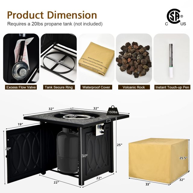 50,000 BTU/14.65KW Fire Pit Table with Waterproof Cover