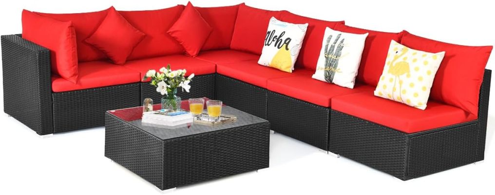 7-Piece Outdoor Sectional Wicker Patio Sofa Set with Tempered Glass Top