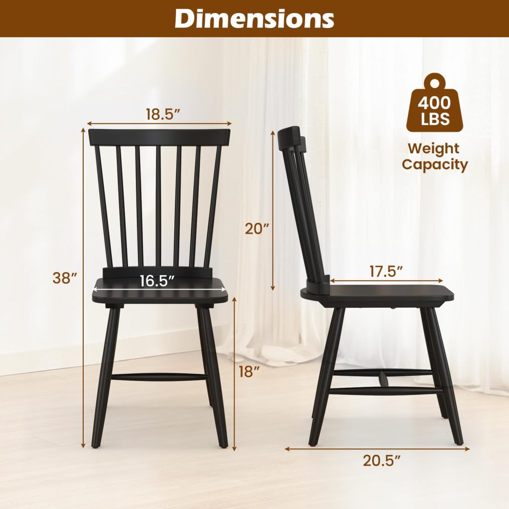 Windsor Dining Chair Set with Spindle Back Spacious Seat Rubber Wood Frame