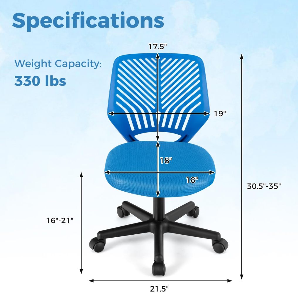 Height-Adjustable Ergonomic Kids Desk Chair Swivel Armless Task Chair w/Universal Casters