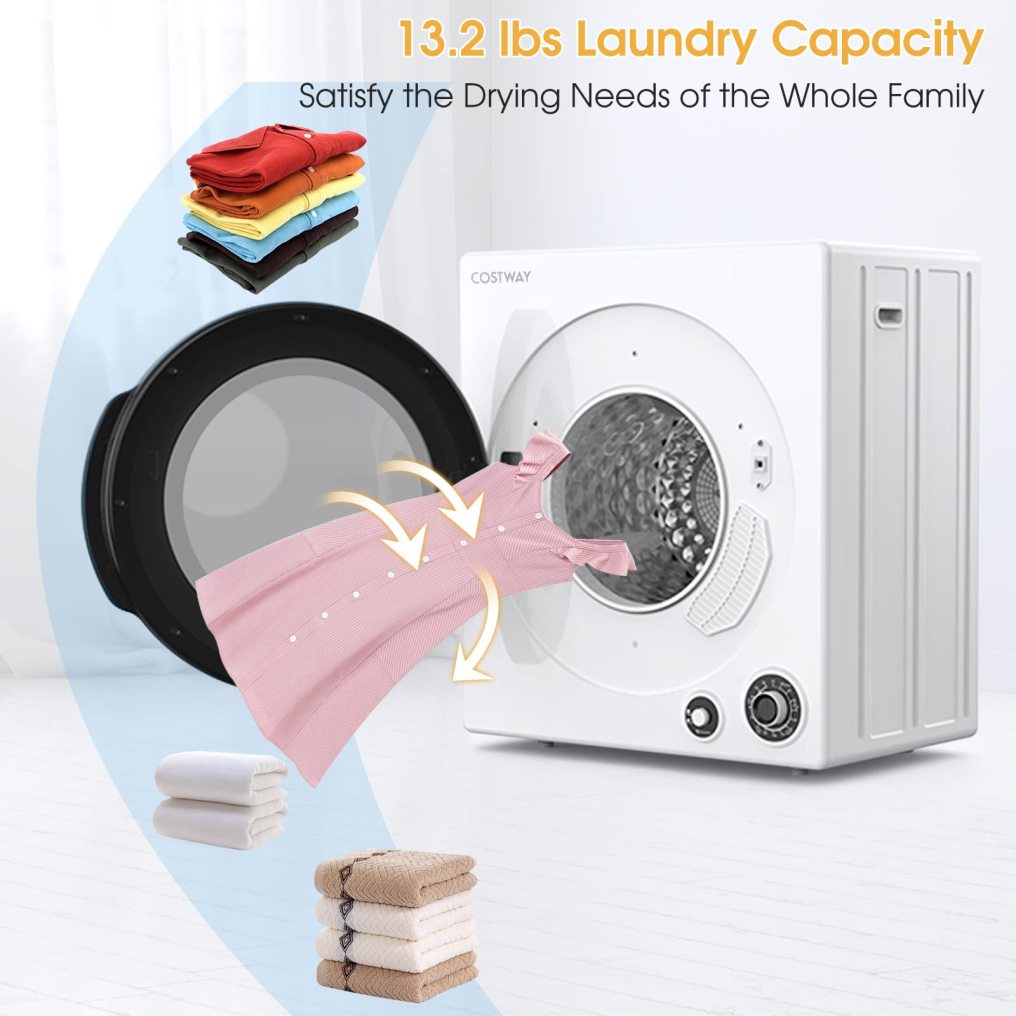 Compact Laundry Dryer with Stainless Steel Drum 5 Drying Programs and Adjustable Exhaust Vent