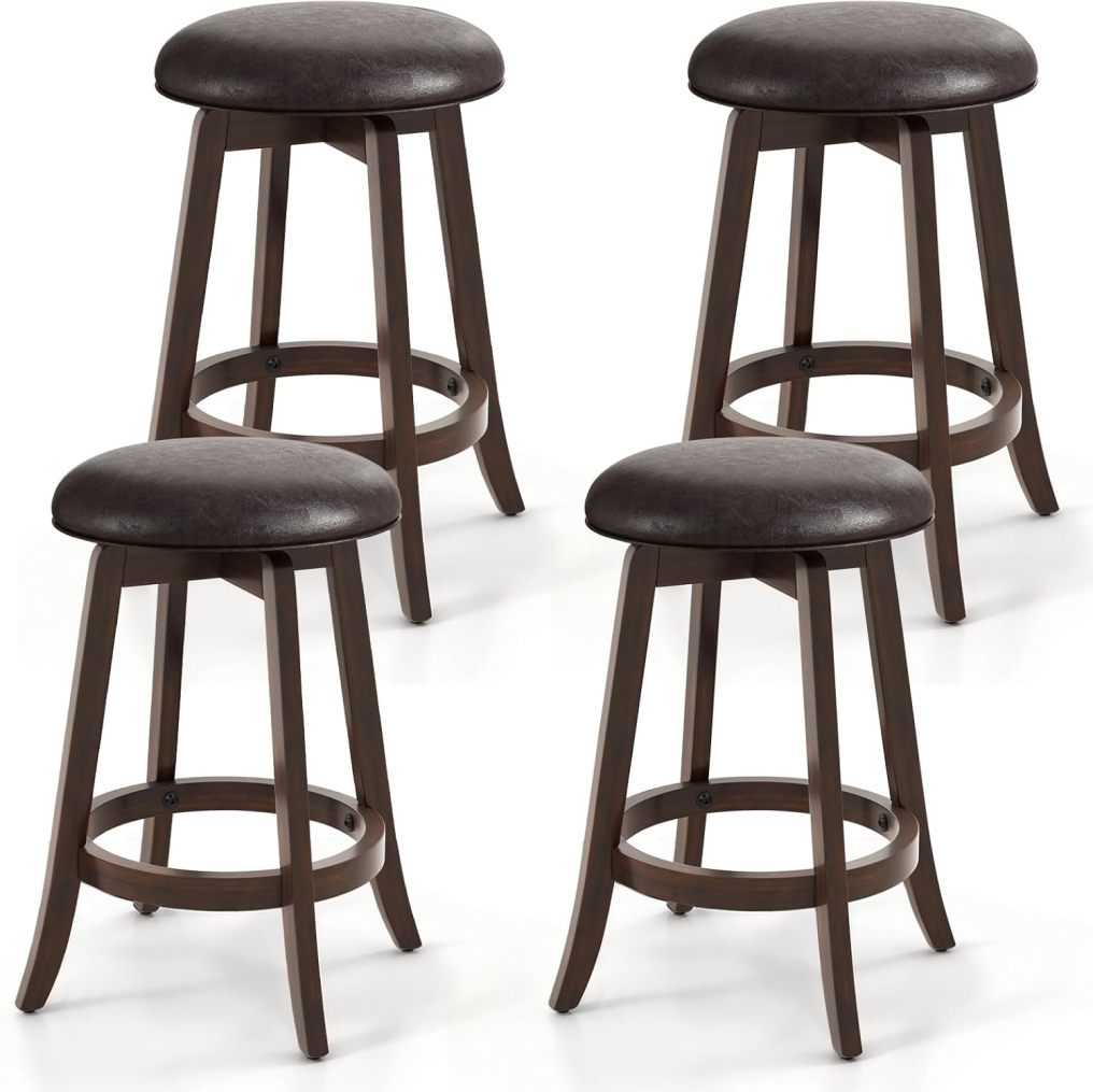 24-Inch Swivel Bar Stools Set of 2/4 Upholstered Barstools w/PU Leather Seat & Solid Rubber Wood Legs