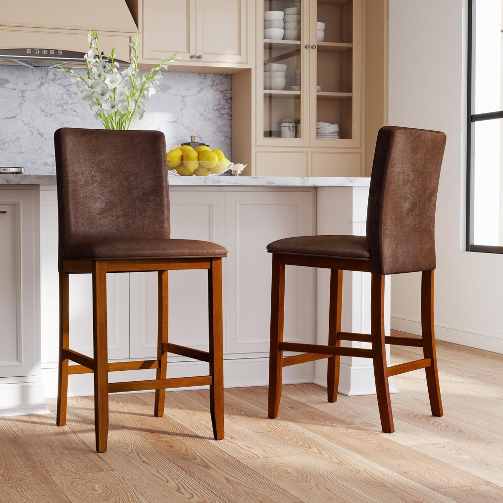 ARLIME 26'' Wooden Kitchen Island Chairs with Padded Fabric Seat (2/4)