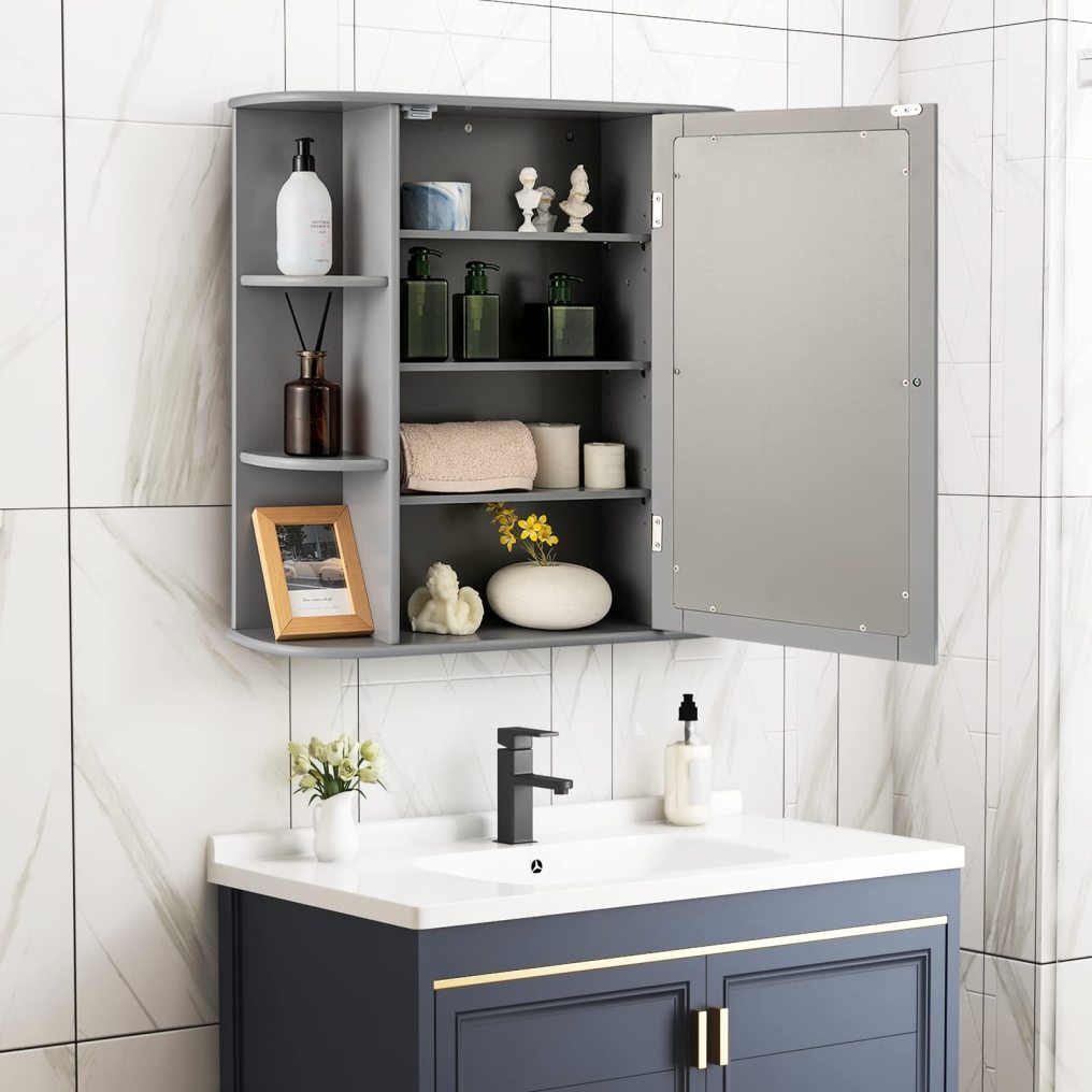 Wall Mounted Bathroom Cabinet Storage Cabinet with Mirror Door & Adjustable Shelves