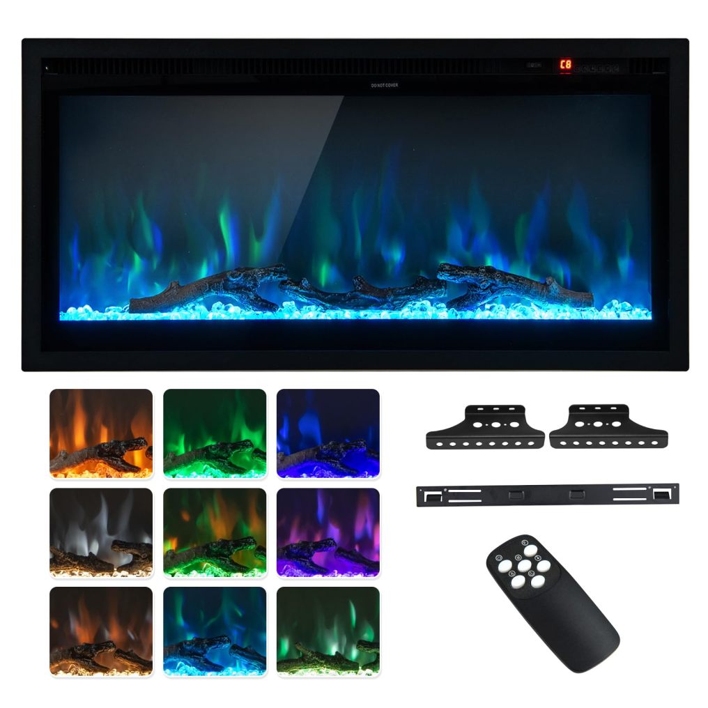 Electric Fireplace 36-Inch Wide, 9 Flame Color, 5-Level Brightness, 8H Timer, Thermostat