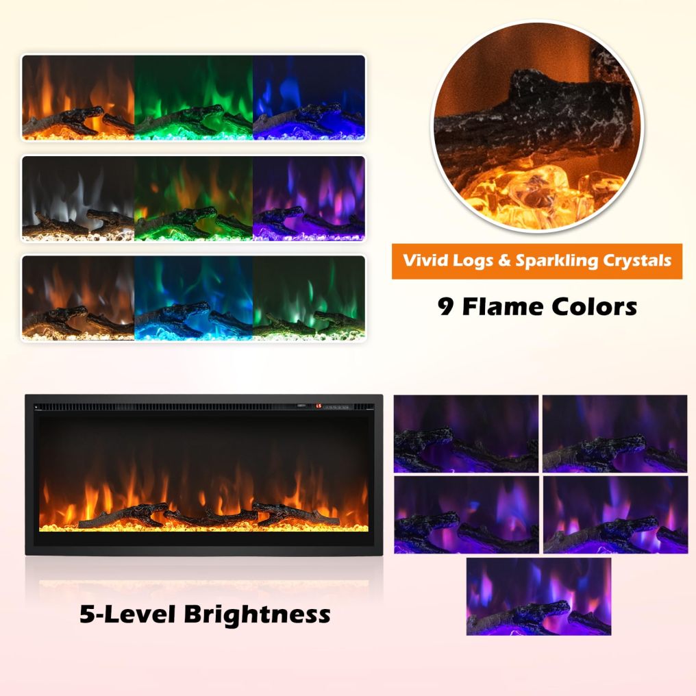 Electric Fireplace 36-Inch Wide, 9 Flame Color, 5-Level Brightness, 8H Timer, Thermostat